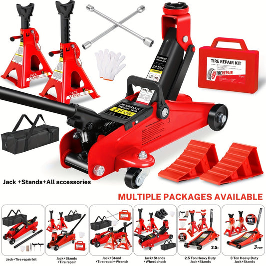 Hydraulic Floor Jack Kit 2/2.5/3 Ton Low Profile Trolley Jack with Jack Stands, Tire Repair Kit, Wheel Wrench & Wheel Chock Combo - Red/Blue