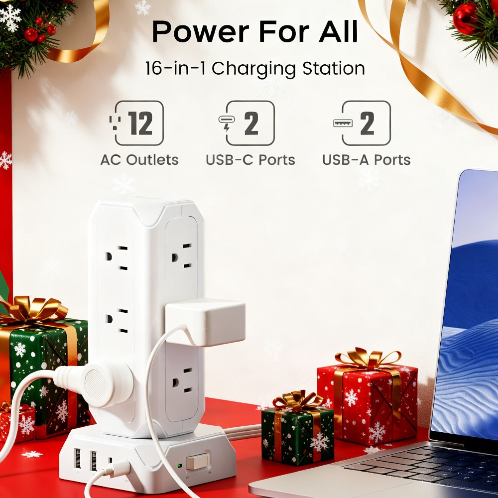 Power Strip Tower 16-in-1 Surge Protector 12 AC Outlets 4 USB Ports USB-C PD20W 1800J Protection Desktop Charging Station 10ft or 15ft Extension Cord for Office School Dorm White