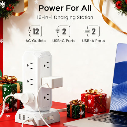 Power Strip Tower 16-in-1 Surge Protector 12 AC Outlets 4 USB Ports USB-C PD20W 1800J Protection Desktop Charging Station 10ft or 15ft Extension Cord for Office School Dorm White