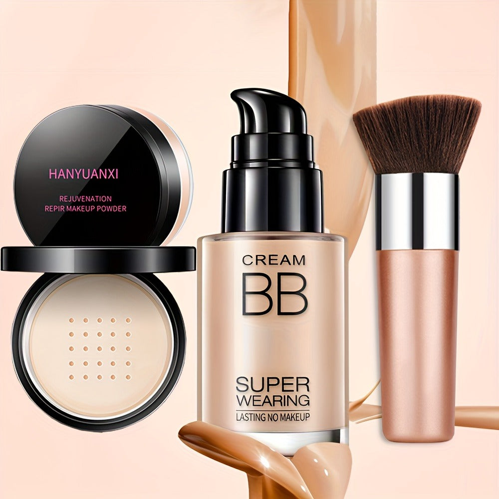BB Cream Makeup Kit with Powder, Brush and Sponge in Three Exact Numbered Shade Options for Face Makeup