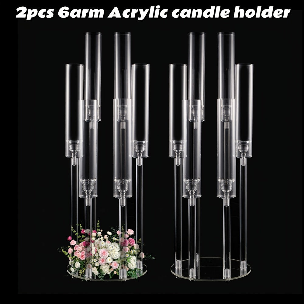 Clear Acrylic Six-Arm Candelabra with 68cm Height, 22cm Round Base and 2-, 4-, 10-, 12- or 20-Piece Options