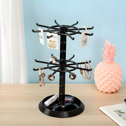 Rotating Jewelry Stand 2-Tier Black – Necklace Bracelet Earring Organizer Display Rack, Plastic Hanging Jewelry Tower for Dressing Table Counter, Keychain Holder, No Electricity Needed