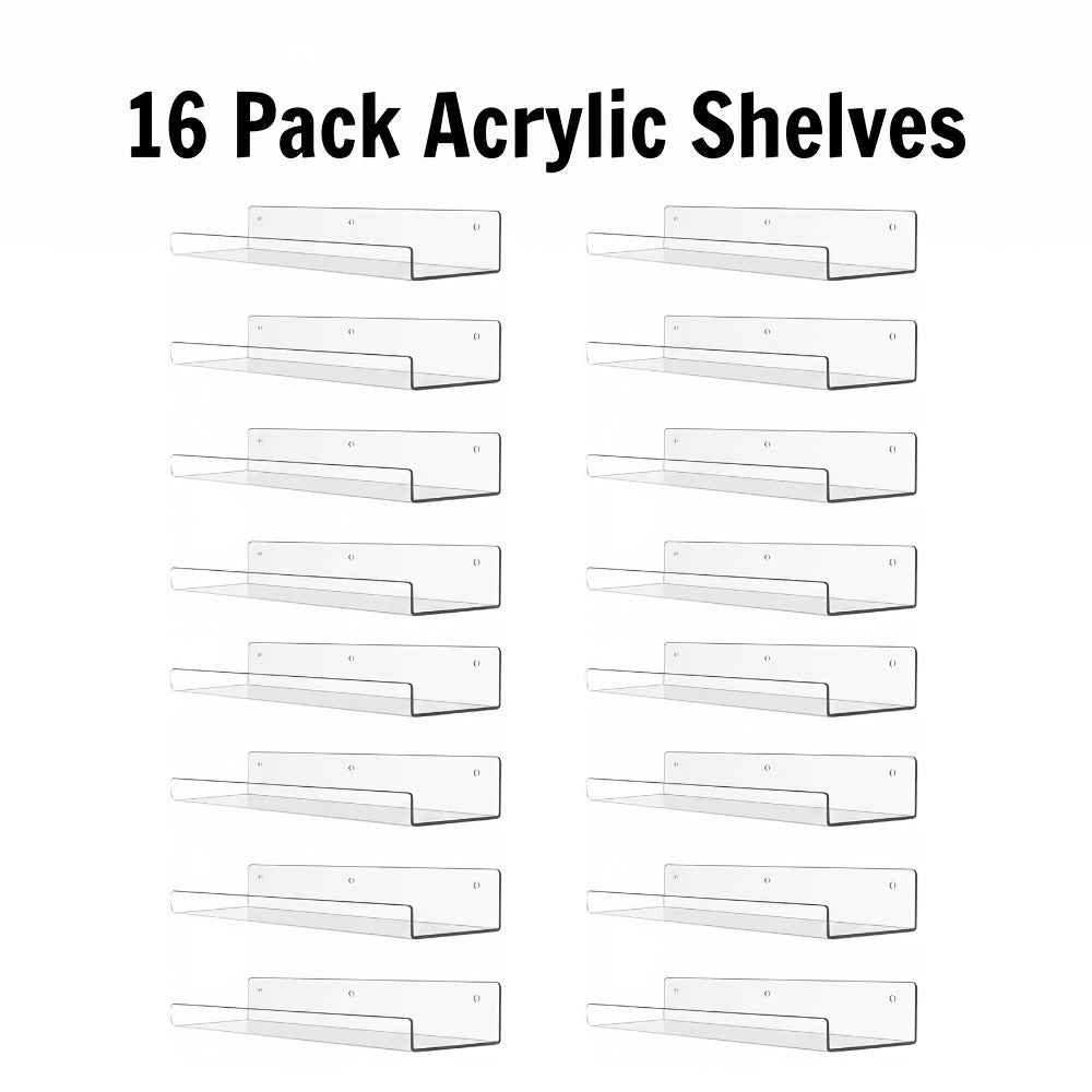 Clear Acrylic Wall Display Shelf Set in 15 x 4-Inch Size with 4, 8 or 16 Shelves and Mounting Hardware