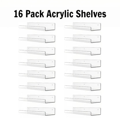Clear Acrylic Wall Display Shelf Set in 15 x 4-Inch Size with 4, 8 or 16 Shelves and Mounting Hardware