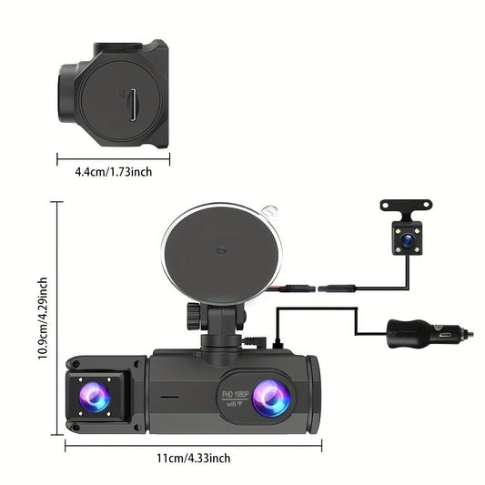 Dash Cam 3-Channel Front Inside Rear – 1080P 170° Wide Angle WiFi Night Vision Loop Recording G-Sensor with 2" IPS Screen & 32GB Card