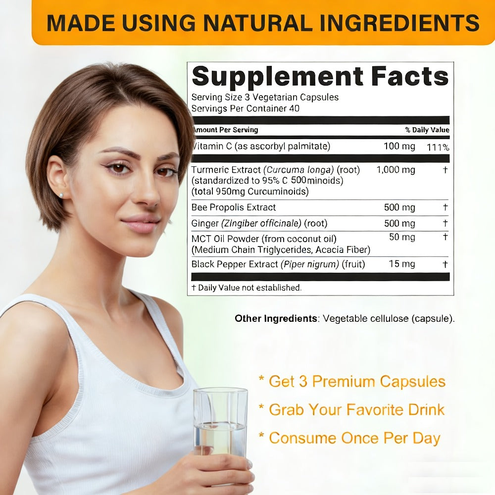 Herbal Supplement Turmeric Curcumin 1000mg per Serving with Ginger Black Pepper Bee Propolis, 120 Vegetarian Capsules