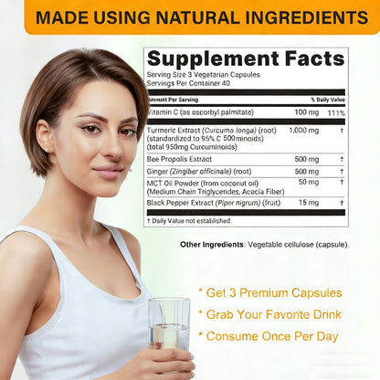 Herbal Supplement Turmeric Curcumin 1000mg per Serving with Ginger Black Pepper Bee Propolis, 120 Vegetarian Capsules
