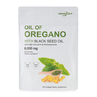 High Potency Oregano Oil Supplement 6000mg 20:1 Extract with Black Seed Oil – 2-in-1 Antioxidant & Immune Support Formula – Carvacrol & Thymoquinone – Plant-Based Herbal Softgels – 300 Count Per Bag