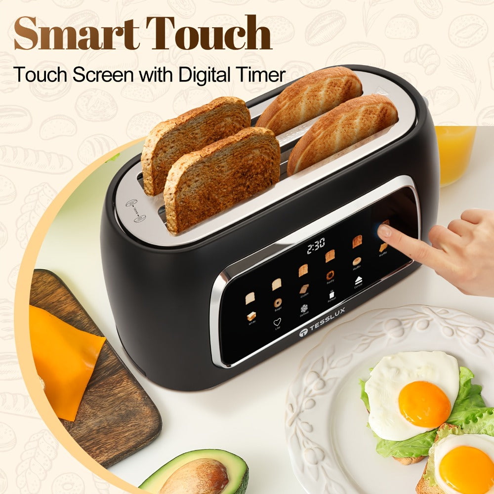 Four-Slice Long-Slot Toaster with Touchscreen, Six Browning Levels, Digital Timer and White or Black Finish