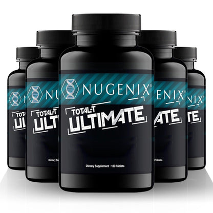 Five-Bottle Botanical Men's Health Supplement Tablet Set with Coordinated Containers and Labels