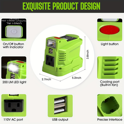 150W Power Inverter Adapter for RYOBI-Style 18V Battery Interface with AC Outlet, Dual USB and LED Light