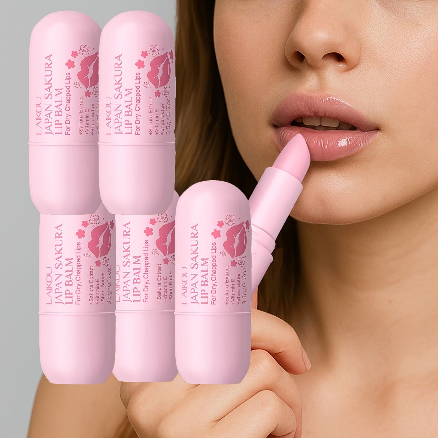 Lip Balm LAIKOU Sakura 5-Pack with 3.5g Twist-Up Tubes, Pink Packaging and Day-or-Night Application