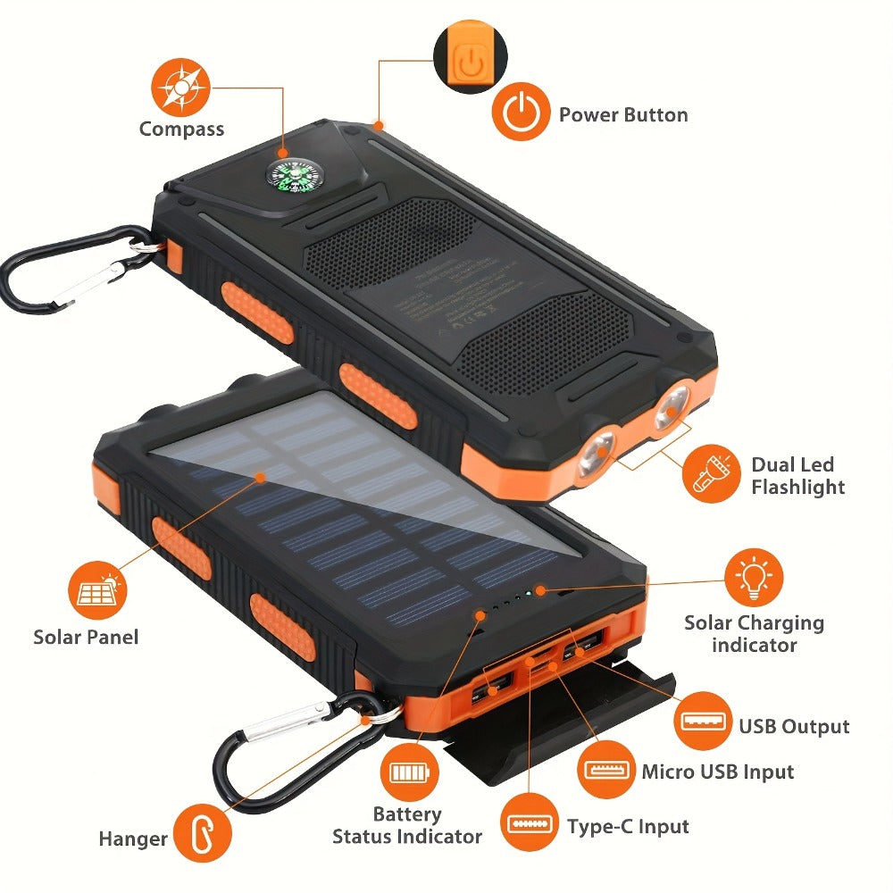 42800mAh Solar Power Bank Wireless Charging with 4 Built-In Cables – 6 Output Ports 15W Fast Charge Dual LED Flashlight Portable Battery Pack for iPhone Samsung Android Camping Travel Emergency