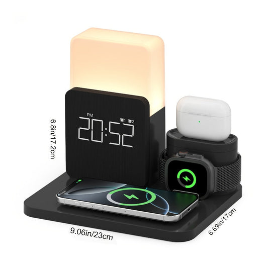 Alarm Clock 3-in-1 Wireless Charging Station with Clock Display – Bedside Charging Dock for iPhone 16 15 14 13 12 & Samsung Galaxy, Charges Phone Watch & Earbuds Simultaneously | Black White Gray