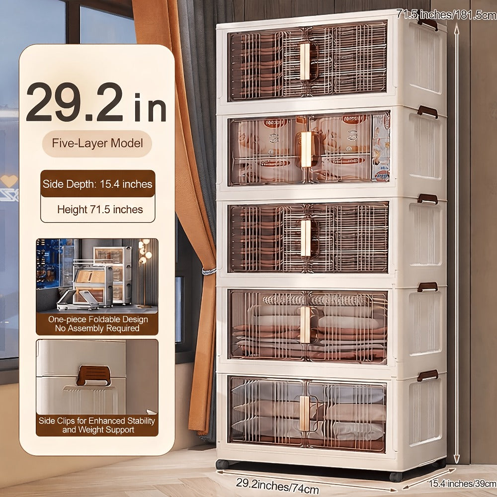 Storage Cabinet Folding Plastic Organizer with Magnetic Doors, Lockable Wheels and Three to Five Tiers