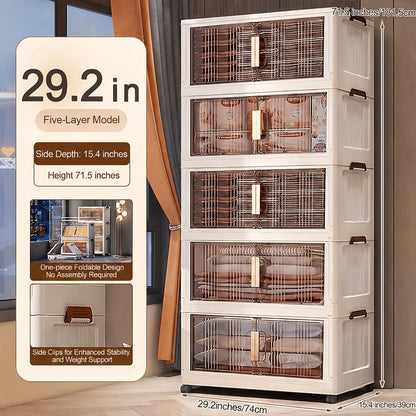 Storage Cabinet Folding Plastic Organizer with Magnetic Doors, Lockable Wheels and Three to Five Tiers