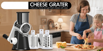 Rotary Cheese Grater – Stainless Steel Hand Crank Shredder with 3 Interchangeable Blades, Non-Slip Suction Base & Cleaning Brush, BPA-Free Vegetable Grater for Cheese, Nuts & Vegetables