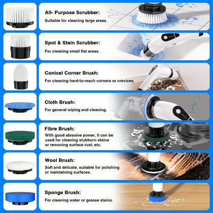 Electric Spin Scrubber Cordless, 7-in-1 Cleaning Brush with 7 Replaceable Heads, Dual Speed Adjustable