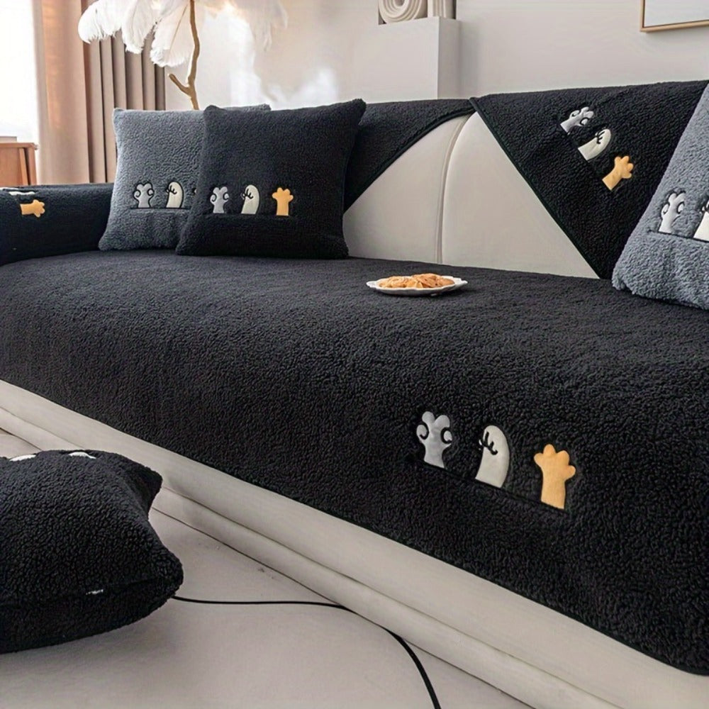 Sofa Cover Thick Plush Shearling Panels with Animal and Bone Embroidery and Non-Slip Feature for 2 to 4 Seats