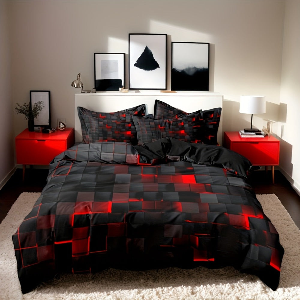3-Piece Duvet Cover Set with Dimensional Geometric Cube Print, Zipper Closure and Five Color Options