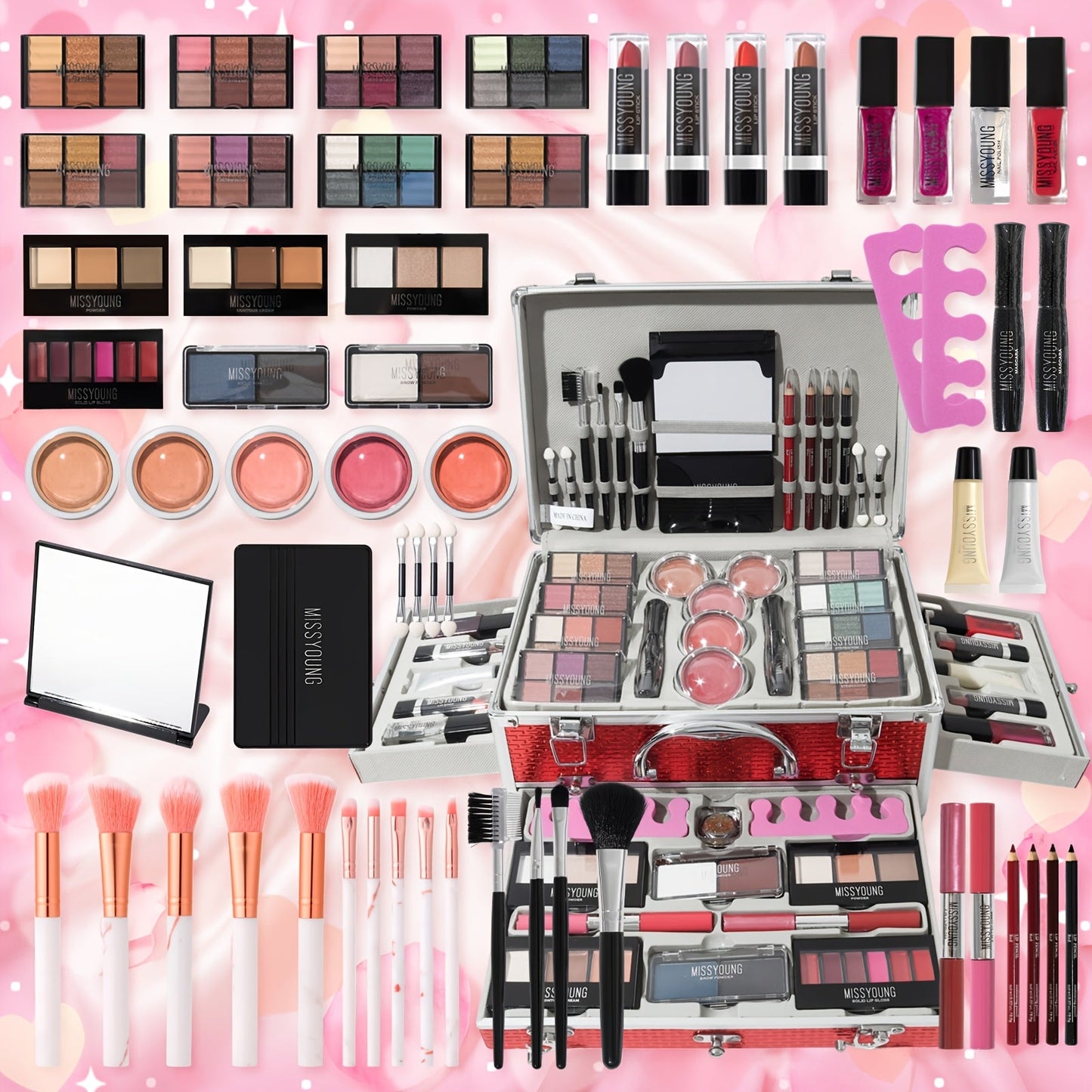 Professional Makeup Kit with Aluminum Travel Case & Mirror – Full Set Eyeshadow Blush Lipstick Foundation Eyeliner Mascara & Brushes, Gift for Women Girls Beginners, Silver & Red