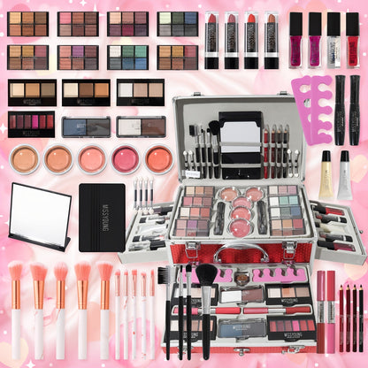 Professional Makeup Kit with Aluminum Travel Case & Mirror – Full Set Eyeshadow Blush Lipstick Foundation Eyeliner Mascara & Brushes, Gift for Women Girls Beginners, Silver & Red