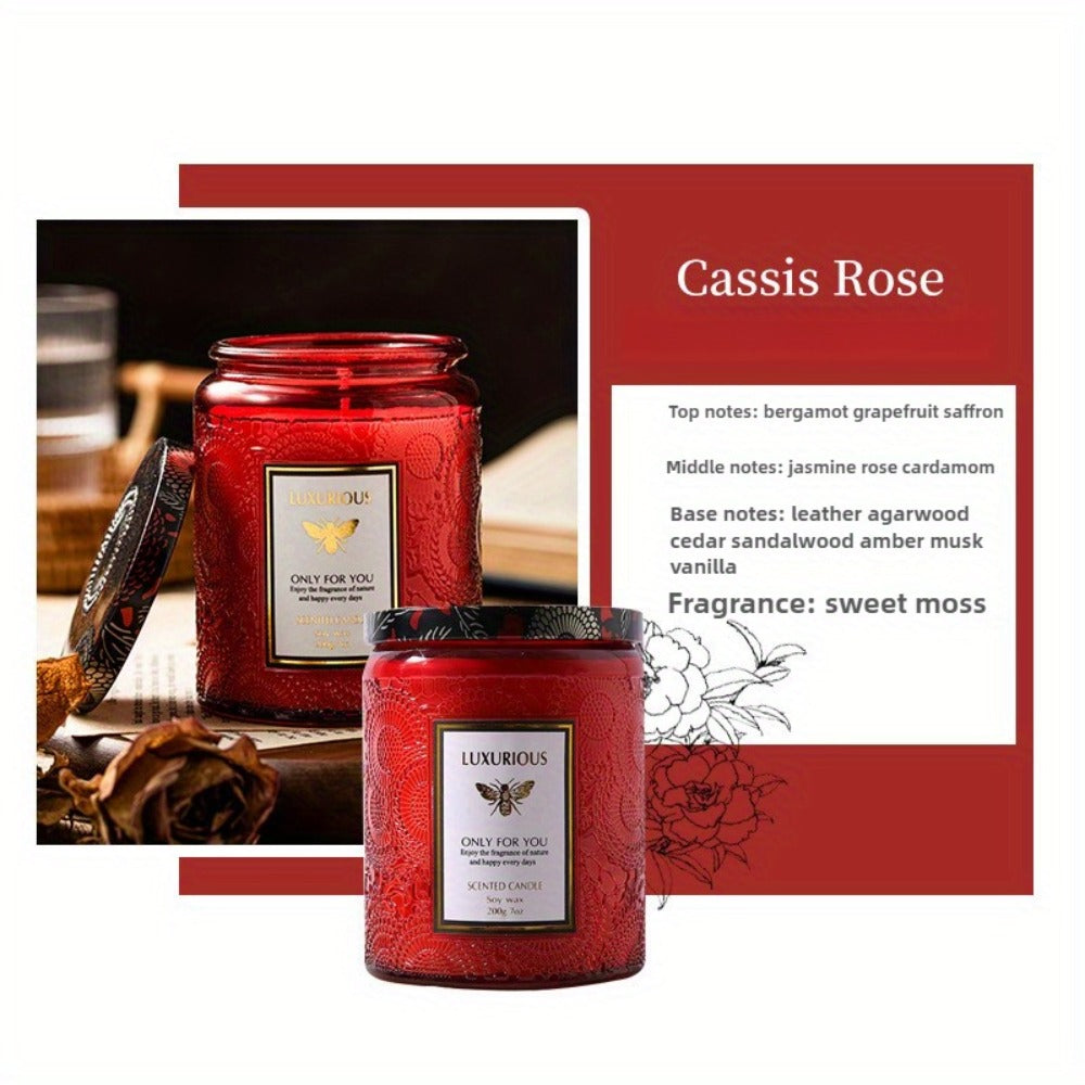 Single-Wick Relief Glass Jar Candle with Seven Scent Labels, Crystal-Style Detail and Boxed Presentation