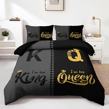 King and Queen Print Duvet Cover Set with Two Pillowcases, Three Styles and Four Bed Sizes