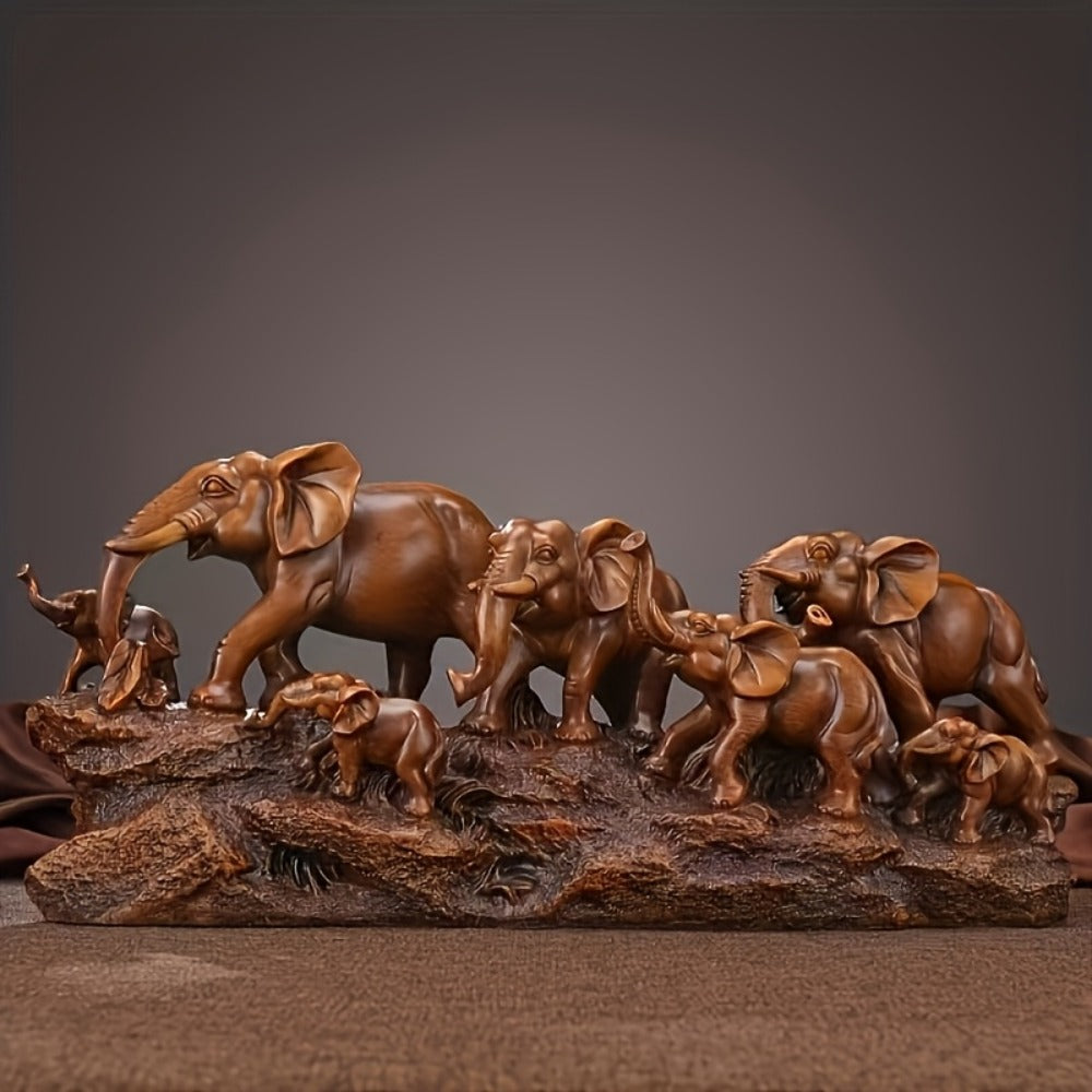 Elephant Family Figurine with Resin Herd Sculpture on Textured Base, 36 x 16 x 10cm Horizontal Shelf Format