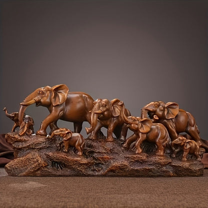 Elephant Family Figurine with Resin Herd Sculpture on Textured Base, 36 x 16 x 10cm Horizontal Shelf Format