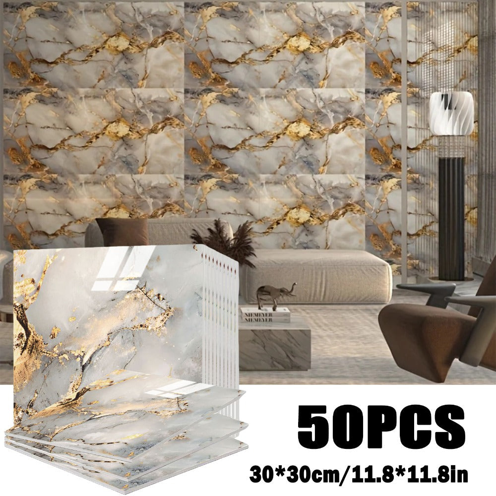 Marble Gold-Vein Wall Tile Sticker Set with 30 cm Panels, Four Colors and 50- or 100-Piece Packs