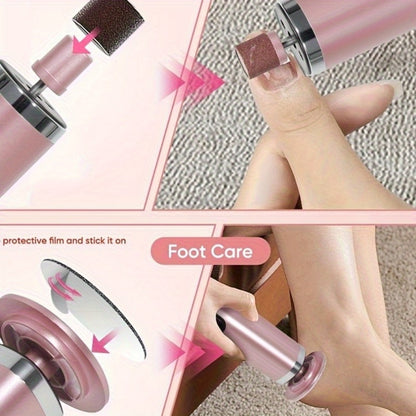 Rechargeable Electric Foot File & Callus Remover 2-in-1 with 2 Sanding Heads & 10 Replacement Sandpaper Pads Adjustable Speed USB Portable Pedicure Tool for Dry Dead Skin Cracked Heels Women Pink