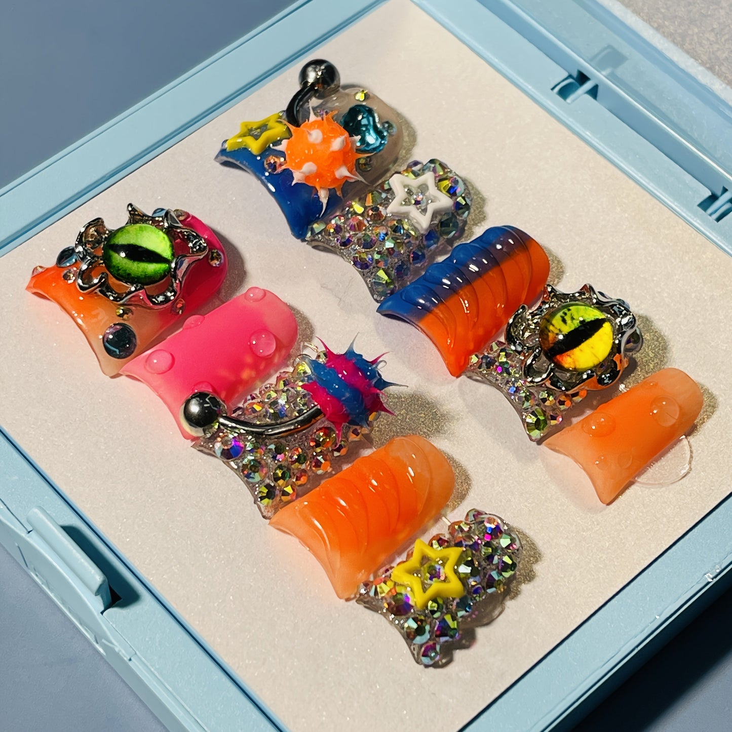 Press On Nails Handmade Y2K Duckbill Set with 3D Eye Barbell Star Rhinestone Charms and S M L Sizes