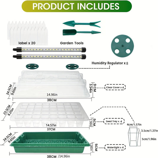 Seedling Starter Tray with Grow Light 4pcs 160-Cell | Adjustable Brightness & Timer | Humidity Dome | Seed Germination Kit for Indoor Vegetables Flowers