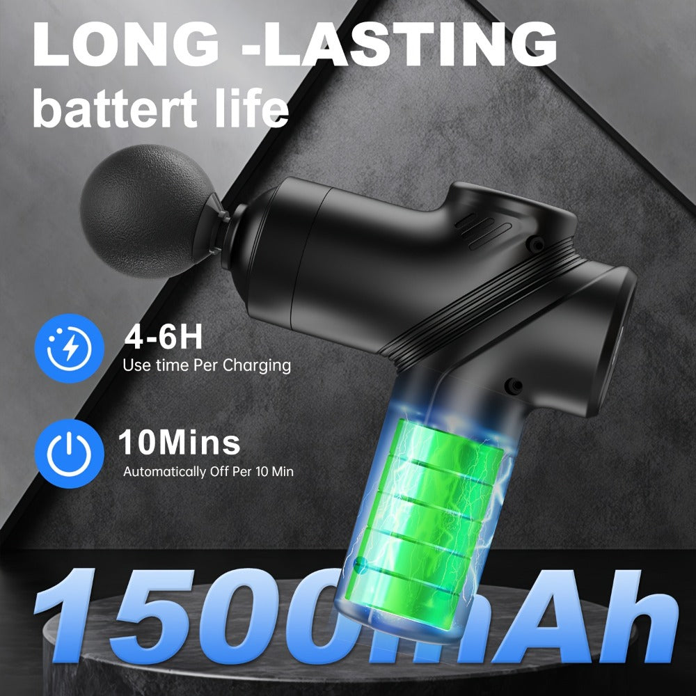 Compact Massage Gun with Six Speed Settings, Four or Eight Interchangeable Heads and Blue or Black Finish Options