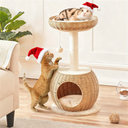 Cat Tree 29.5 Inch Rattan Cat House with Natural Sisal Scratching Post – Woven Cat Condo, Soft Cushion Perch, Hanging Bell Toy, Luxury Cat Furniture for Small to Medium Cats, Beige