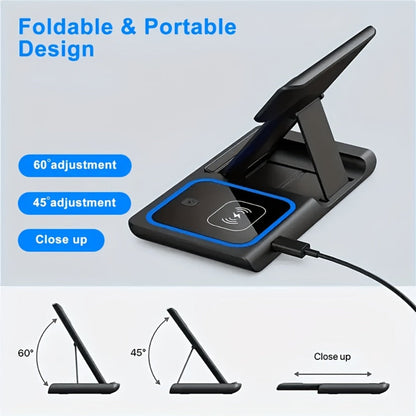 3-in-1 MagSafe Wireless Charging Station 15W Fast Charger – Foldable HS BS Style Stand for iPhone 16 15 14 13 12 Pro Max, Apple Watch Ultra Series 9 8 7 & AirPods 3 2 Pro, Desk Bedside Nightstand