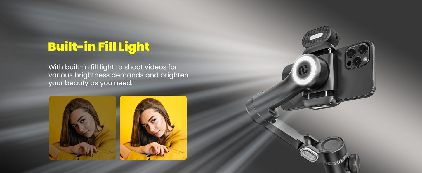 AOCHUAN Smart X Pro Combo 3-Axis Smartphone Gimbal Stabilizer | RGB Fill Light, Extension Rod, OLED Display & Wireless Charging for iPhone 15 14 13 Pro Max, YouTube Vlogging & Live Streaming