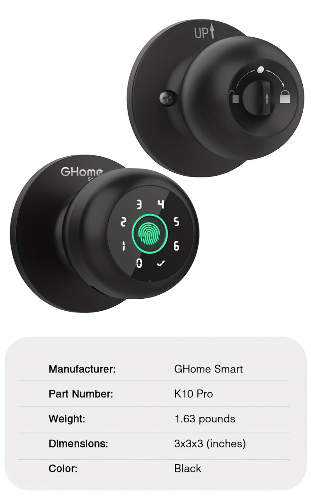 GHome Smart Lock Knob with Fingerprint & Keypad - USB-C Rechargeable, App-Controlled Keyless Entry, Auto-Lock, Passage & Privacy Mode, K10 / K10 PRO / K20 / KD03 PRO, for Home Bedroom Office