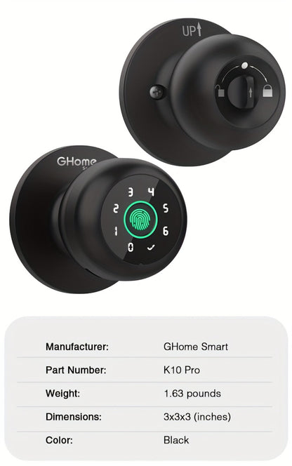 GHome Smart Lock Knob with Fingerprint & Keypad - USB-C Rechargeable, App-Controlled Keyless Entry, Auto-Lock, Passage & Privacy Mode, K10 / K10 PRO / K20 / KD03 PRO, for Home Bedroom Office