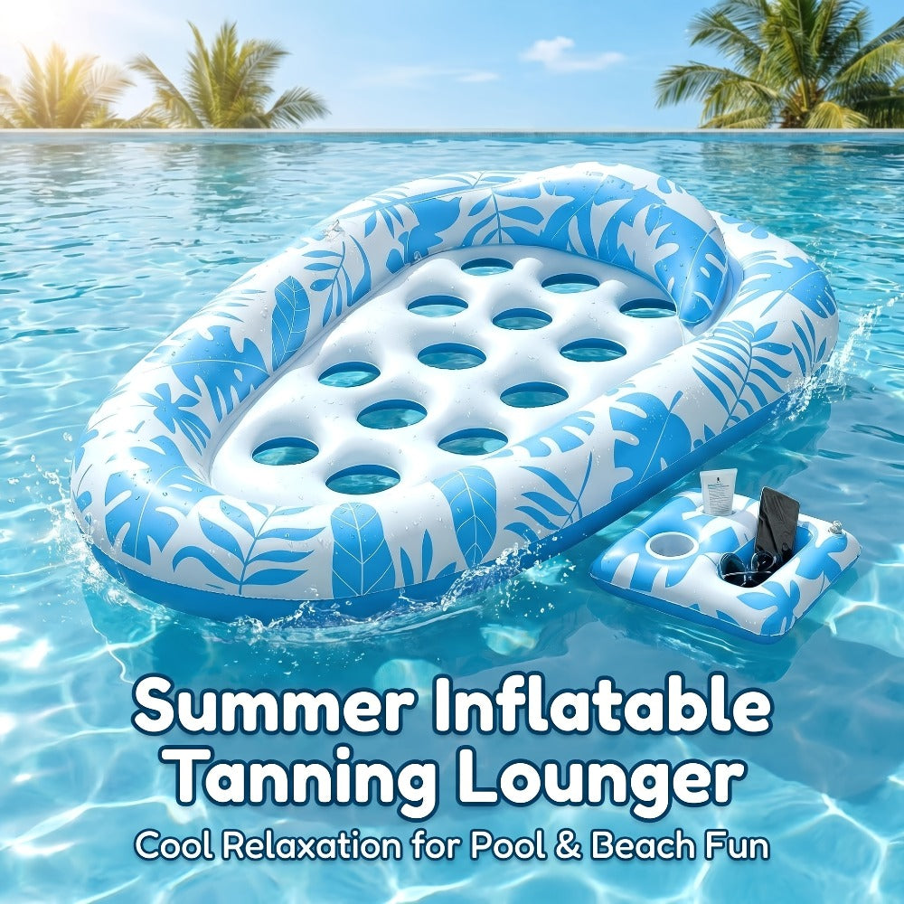 Blue-and-White Inflatable Pool Lounger with Backrest, Cup Holder and 77 x 50-Inch Pictured Size