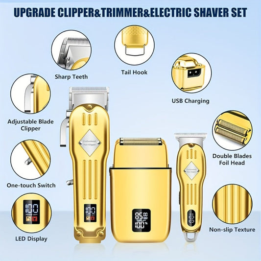 Hair Clippers & Trimmers Three-Piece Grooming Kit with Foil Shaver, LCD Displays and Five Color Options