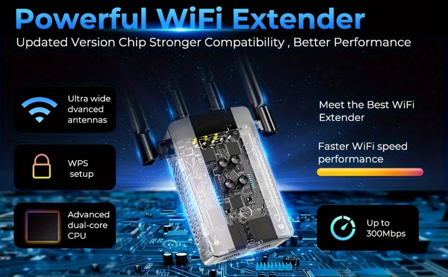 WiFi Range Extender 1200Mbps Dual-Band 2.4/5.8GHz with Four Antennas, WPS Control and Ethernet Port in Black