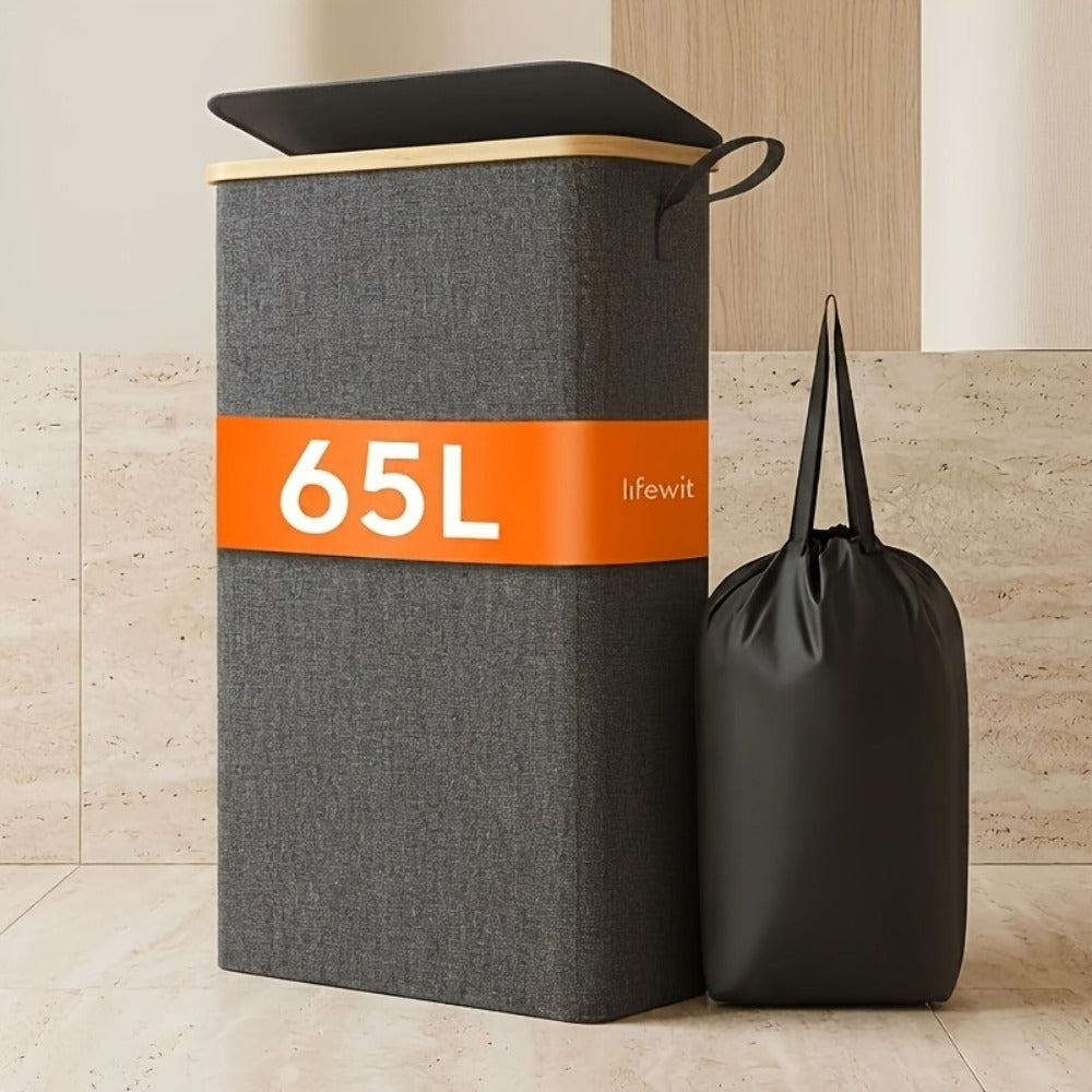 Slim Laundry Hamper with Lid & Removable Bag – Foldable Narrow Clothes Basket with Bamboo Handles for Bathroom, Bedroom & Dorm – 50L / 65L / 75L Space-Saving Collapsible Laundry Bin