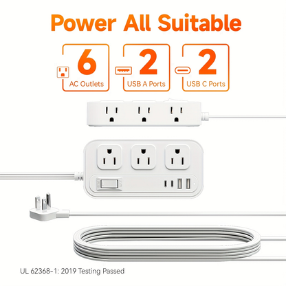 Power Strip Flat Plug with 6 AC Outlets, 2 USB-A, 2 USB-C and 3-Inch, 5-Foot or 10-Foot Cord Options