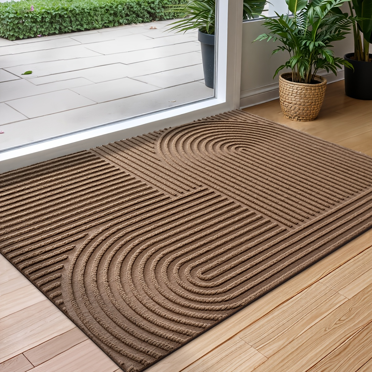 Time Arc Door Mat with Geometric Groove Pattern in Black, Gray or Brown and Two Rectangular Sizes