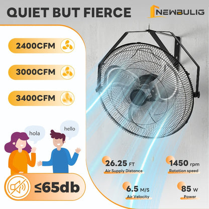 Wall Mount Fan 18/20 Inch Metal High Velocity 3-Speed Oscillating Industrial Fan 3000CFM Aluminum Blades 65dB Quiet Heavy Duty for Garage Workshop Patio Warehouse