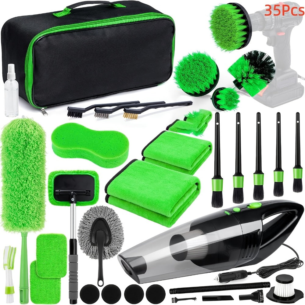 Car Cleaning Kit with Portable Vacuum Cleaner – 17/24/29/32/35pcs Interior Detailing Set with Windshield Cleaner, Drill Brush Set & Interior Brush Set – Complete Auto Care Kit