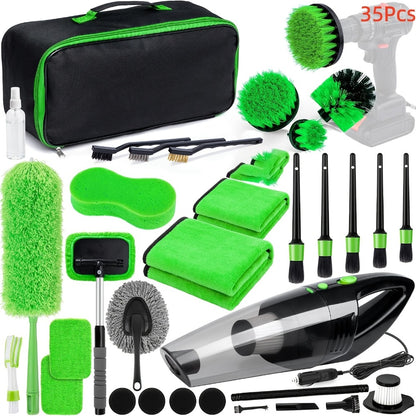 Car Cleaning Kit with Portable Vacuum Cleaner – 17/24/29/32/35pcs Interior Detailing Set with Windshield Cleaner, Drill Brush Set & Interior Brush Set – Complete Auto Care Kit
