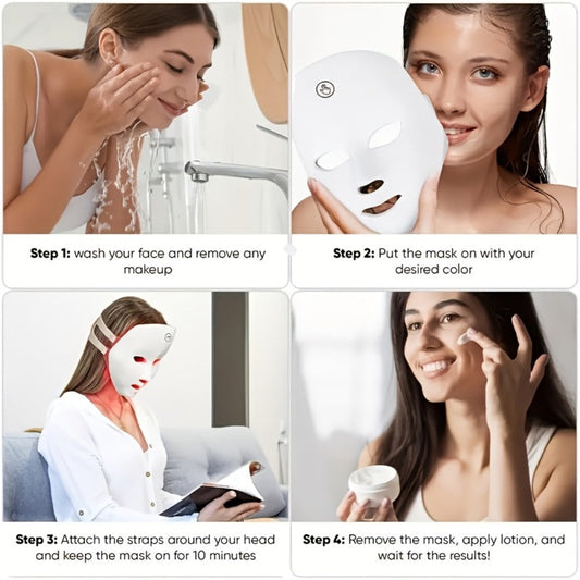 LED Light Therapy Face Mask 7-Function Photon Skin Rejuvenation Device - Red Blue Green Light Anti-Aging Brightening Firming Acne Healing - Professional Home Beauty Tool Gift for Women
